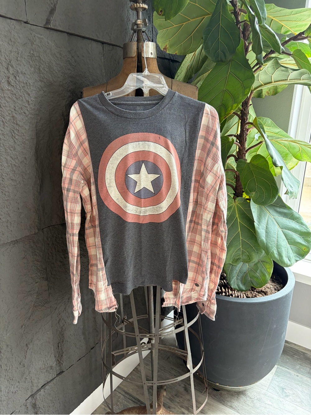 NOT PERFECT Captain Shield Long-Sleeve Top - Gray with Pink Plaid Sleeves.
